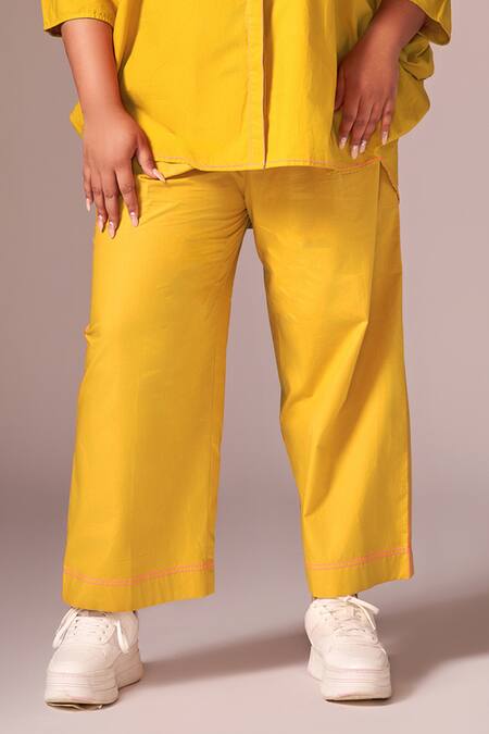 Buy_Neetiandmudita_Yellow Cotton Embellished Floral Collared Shirt And Pant Co-ord Set _Online_at_Aza_Fashions