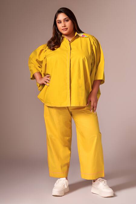Shop_Neetiandmudita_Yellow Cotton Embellished Floral Collared Shirt And Pant Co-ord Set _Online_at_Aza_Fashions