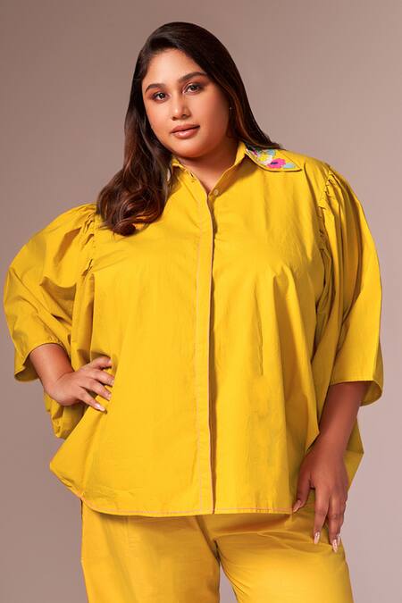 Neetiandmudita_Yellow Cotton Embellished Floral Collared Shirt And Pant Co-ord Set _at_Aza_Fashions