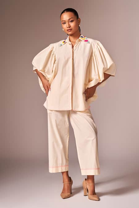 neetiandmudita Floral Bead Embellished Cotton Shirt & Pant Set 