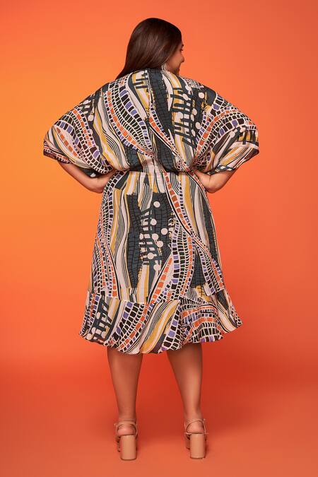 Shop_Neetiandmudita_Multi Color Crepe Silk Abstract V Neck Pattern Overlapping Yoke Dress _at_Aza_Fashions