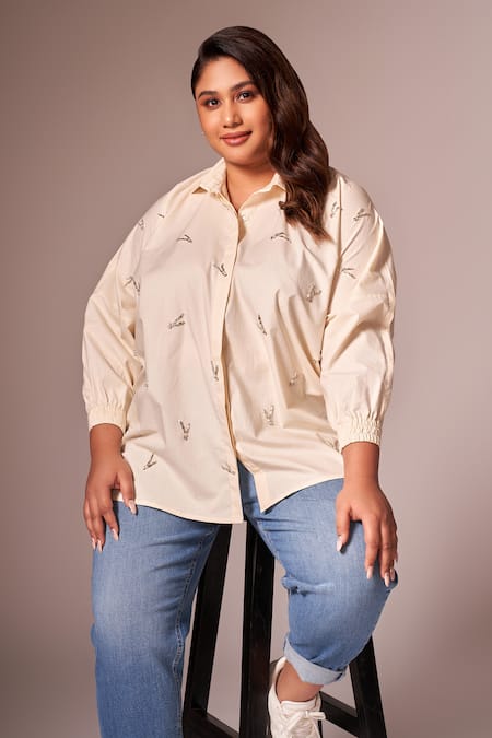 Shop_Neetiandmudita_Ivory Cotton Embroidered Diamante Collared Shirt _at_Aza_Fashions