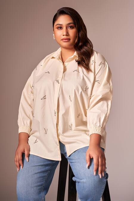 Neetiandmudita_Ivory Cotton Embroidered Diamante Collared Shirt _Online_at_Aza_Fashions
