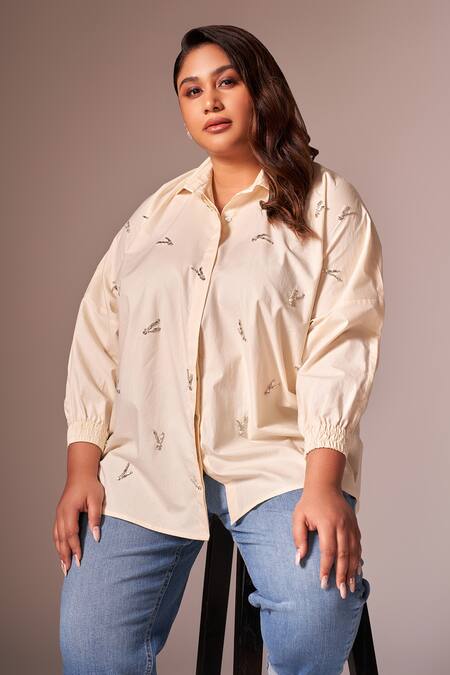 Buy_Neetiandmudita_Ivory Cotton Embroidered Diamante Collared Shirt _Online_at_Aza_Fashions