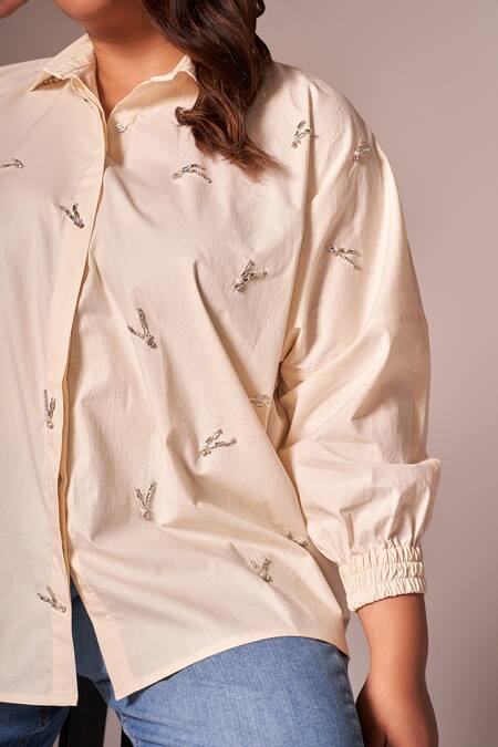 Shop_Neetiandmudita_Ivory Cotton Embroidered Diamante Collared Shirt _Online_at_Aza_Fashions