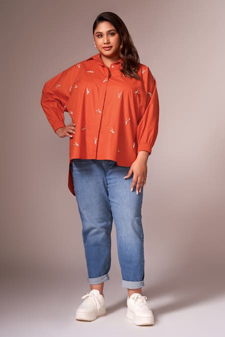 Shop_Neetiandmudita_Orange Cotton Embroidered Diamante Collared Shirt _at_Aza_Fashions