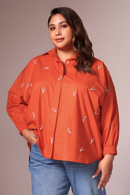 Neetiandmudita_Orange Cotton Embroidered Diamante Collared Shirt _Online_at_Aza_Fashions