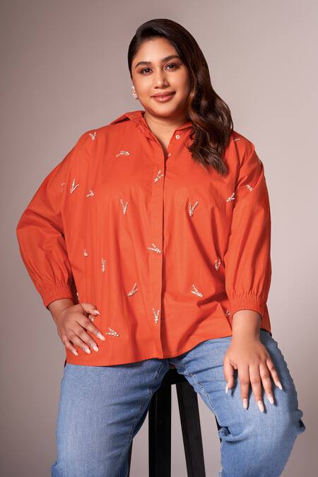 Buy_Neetiandmudita_Orange Cotton Embroidered Diamante Collared Shirt _Online_at_Aza_Fashions