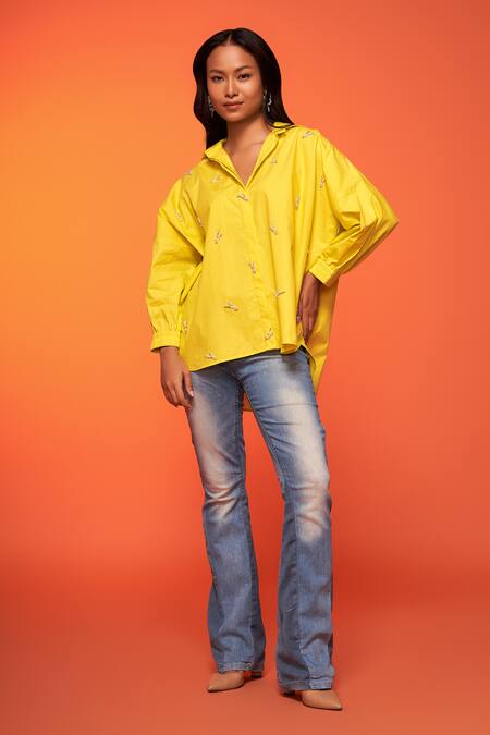 Neetiandmudita Yellow Cotton Embroidered Diamante Collared Asymmetric Shirt Online at Aza Fashions Neetiandmudita_Yellow Cotton Embroidered Diamante Collared Asymmetric Shirt _Online_at_Aza_Fashions