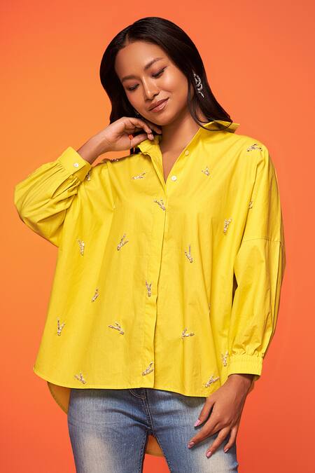 Buy Neetiandmudita Yellow Cotton Embroidered Diamante Collared Asymmetric Shirt Online at Aza Fashions Buy_Neetiandmudita_Yellow Cotton Embroidered Diamante Collared Asymmetric Shirt _Online_at_Aza_Fashions