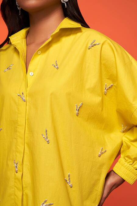 Shop Neetiandmudita Yellow Cotton Embroidered Diamante Collared Asymmetric Shirt Online at Aza Fashions Shop_Neetiandmudita_Yellow Cotton Embroidered Diamante Collared Asymmetric Shirt _Online_at_Aza_Fashions