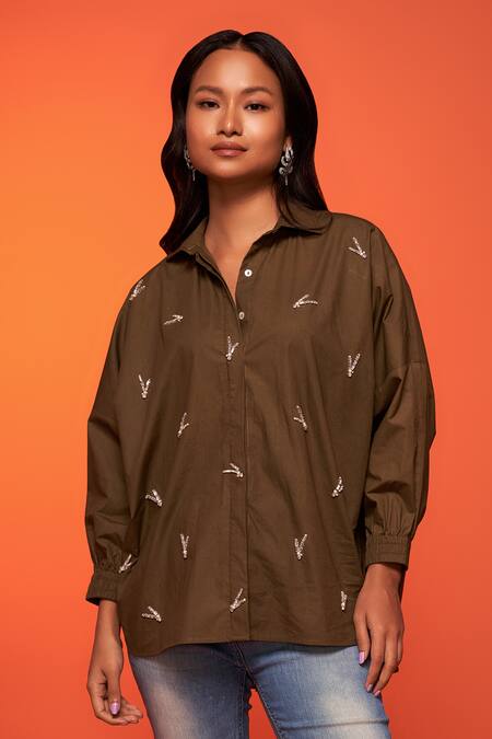 Shop_Neetiandmudita_Green Cotton Embroidered Diamante Collared Asymmetric Shirt _at_Aza_Fashions