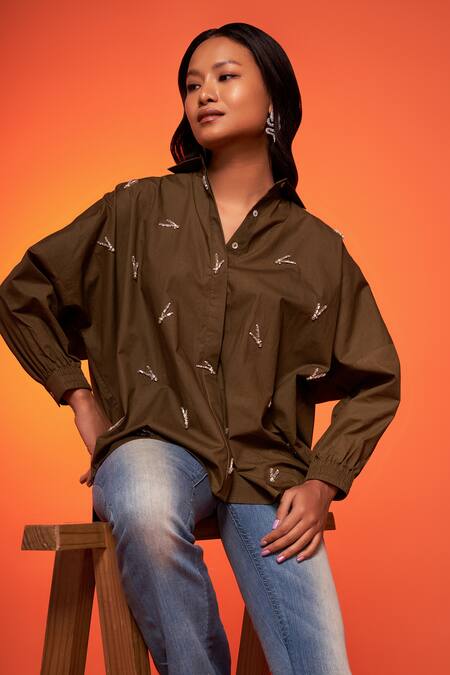 Neetiandmudita_Green Cotton Embroidered Diamante Collared Asymmetric Shirt _Online_at_Aza_Fashions