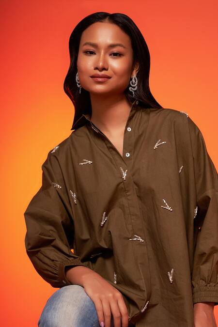 Buy_Neetiandmudita_Green Cotton Embroidered Diamante Collared Asymmetric Shirt _Online_at_Aza_Fashions