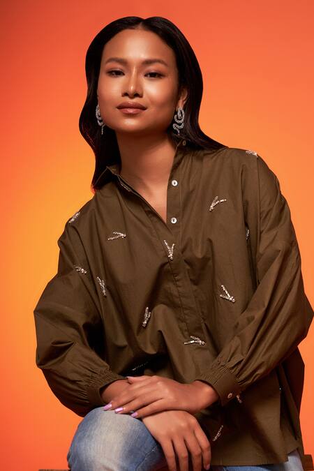 Shop_Neetiandmudita_Green Cotton Embroidered Diamante Collared Asymmetric Shirt _Online_at_Aza_Fashions