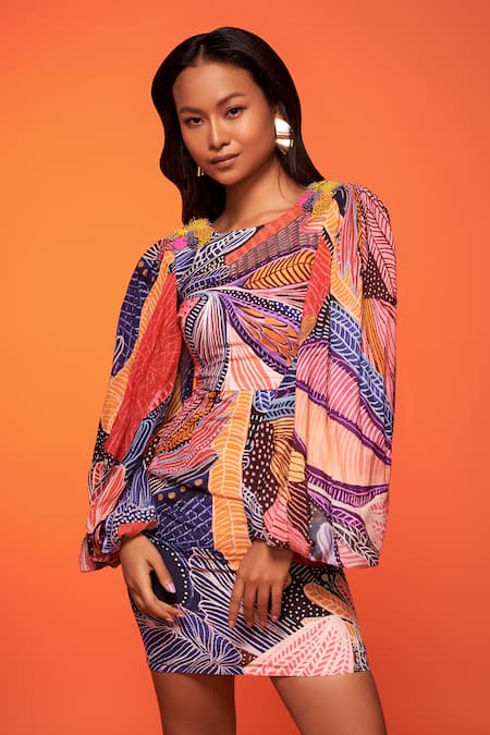 Buy_Neetiandmudita_Multi Color Crepe Silk Abstract Round Asymmetric Pattern Dress _Online_at_Aza_Fashions