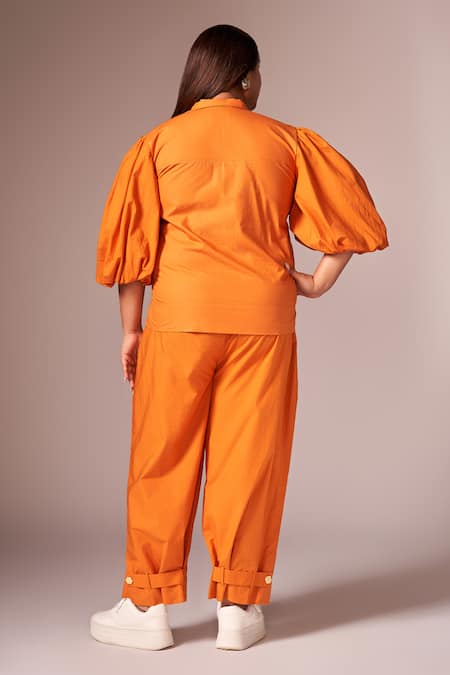 Shop Neetiandmudita Orange Cotton Solid Notched Lapel Bolero Top And Pant Set at Aza Fashions Shop_Neetiandmudita_Orange Cotton Solid Notched Lapel Bolero Top And Pant Set _at_Aza_Fashions