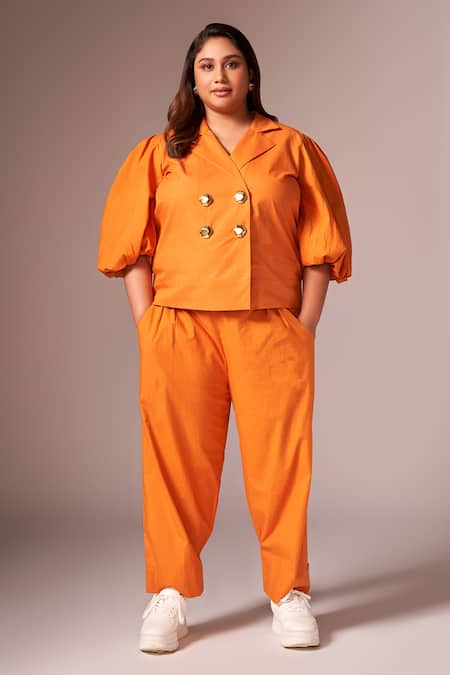 Neetiandmudita Orange Cotton Solid Notched Lapel Bolero Top And Pant Set Online at Aza Fashions Neetiandmudita_Orange Cotton Solid Notched Lapel Bolero Top And Pant Set _Online_at_Aza_Fashions