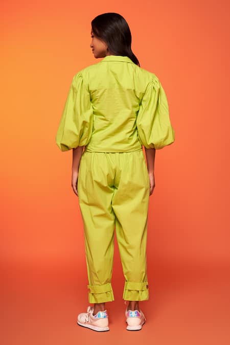 Shop_Neetiandmudita_Green Cotton Solid Notched Lapel Lime Bolero Top And Pant Set _at_Aza_Fashions