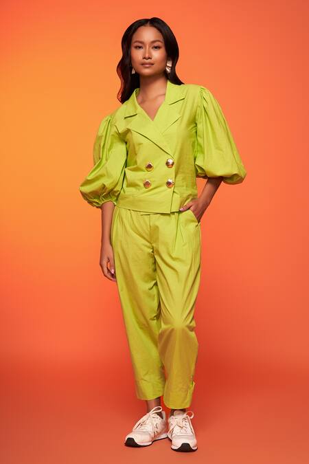 Neetiandmudita_Green Cotton Solid Notched Lapel Lime Bolero Top And Pant Set _Online_at_Aza_Fashions
