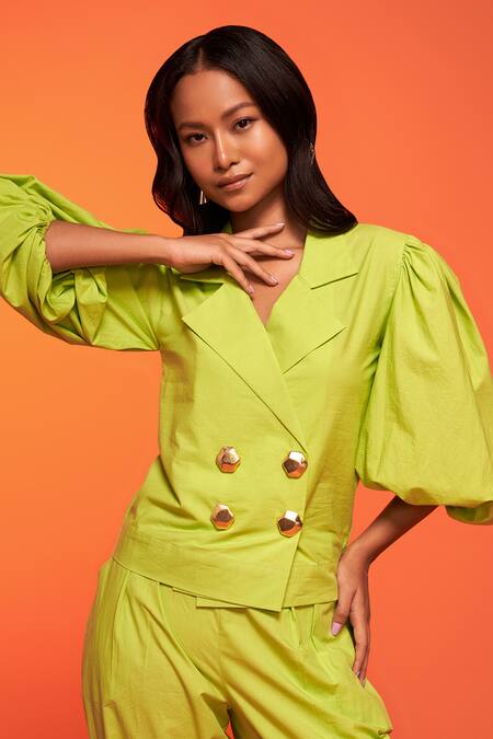 Buy_Neetiandmudita_Green Cotton Solid Notched Lapel Lime Bolero Top And Pant Set _Online_at_Aza_Fashions