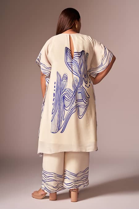 Shop_Neetiandmudita_Off White Crepe Silk Stencil Ink High Neck Kaftan Tunic With Pant _at_Aza_Fashions