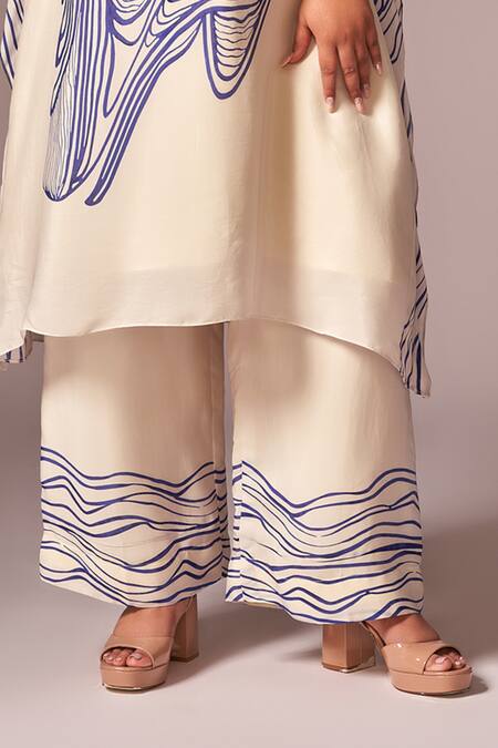 Neetiandmudita_Off White Crepe Silk Stencil Ink High Neck Kaftan Tunic With Pant _Online_at_Aza_Fashions
