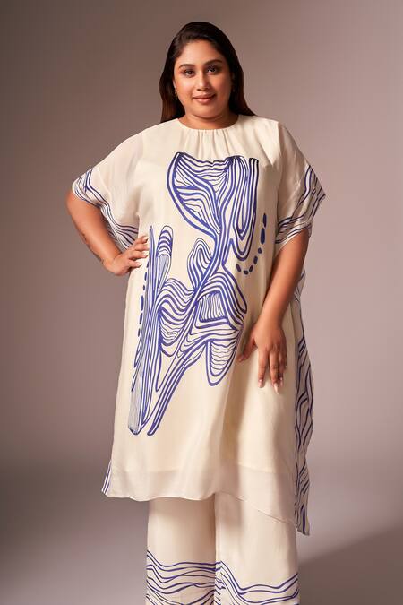 Shop_Neetiandmudita_Off White Crepe Silk Stencil Ink High Neck Kaftan Tunic With Pant _Online_at_Aza_Fashions