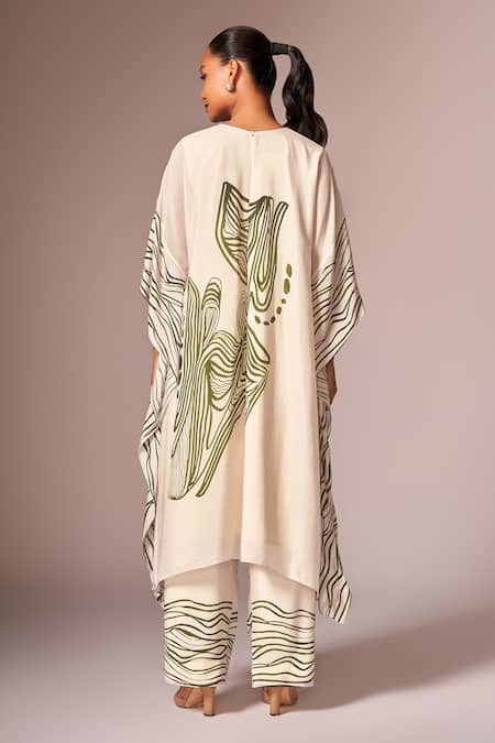 Shop_Neetiandmudita_Off White Crepe Silk Stencil Ink High Neck Kaftan Tunic And Pant Set _at_Aza_Fashions