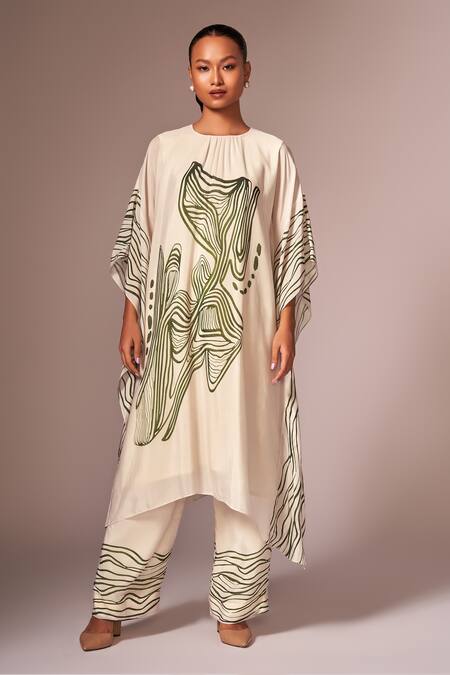 Neetiandmudita_Off White Crepe Silk Stencil Ink High Neck Kaftan Tunic And Pant Set _Online_at_Aza_Fashions