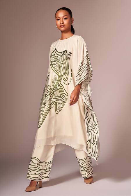 Shop_Neetiandmudita_Off White Crepe Silk Stencil Ink High Neck Kaftan Tunic And Pant Set _Online_at_Aza_Fashions