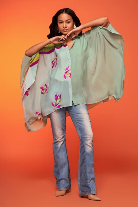 Neetiandmudita_Blue Crepe Silk Floral Collared Pattern Color-block Kaftan _Online_at_Aza_Fashions
