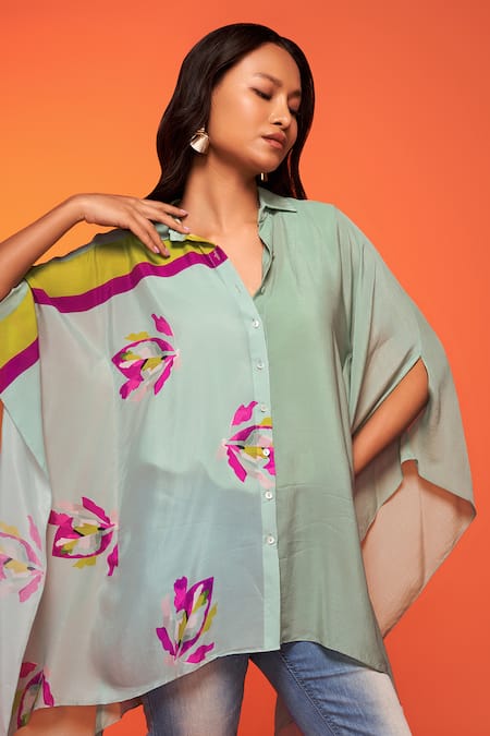 Buy_Neetiandmudita_Blue Crepe Silk Floral Collared Pattern Color-block Kaftan _Online_at_Aza_Fashions