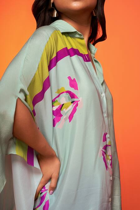 Shop_Neetiandmudita_Blue Crepe Silk Floral Collared Pattern Color-block Kaftan _Online_at_Aza_Fashions