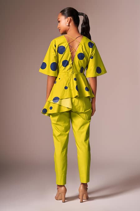 Shop Neetiandmudita Cotton Polka Dots Tie-up V Neck Lime Asymmetric Peplum Set at Aza Fashions Shop_Neetiandmudita_Cotton Polka Dots Tie-up V Neck Lime Asymmetric Peplum Set _at_Aza_Fashions