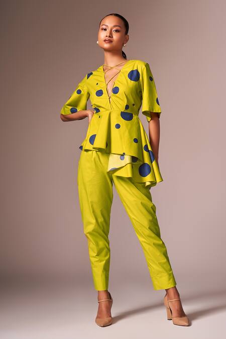 Shop Neetiandmudita Cotton Polka Dots Tie-up V Neck Lime Asymmetric Peplum Set Online at Aza Fashions Shop_Neetiandmudita_Cotton Polka Dots Tie-up V Neck Lime Asymmetric Peplum Set _Online_at_Aza_Fashions