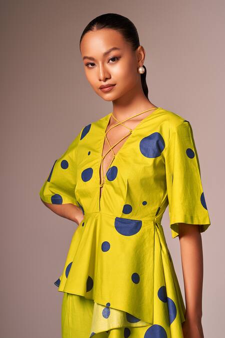 Neetiandmudita Cotton Polka Dots Tie-up V Neck Lime Asymmetric Peplum Set at Aza Fashions Neetiandmudita_Cotton Polka Dots Tie-up V Neck Lime Asymmetric Peplum Set _at_Aza_Fashions