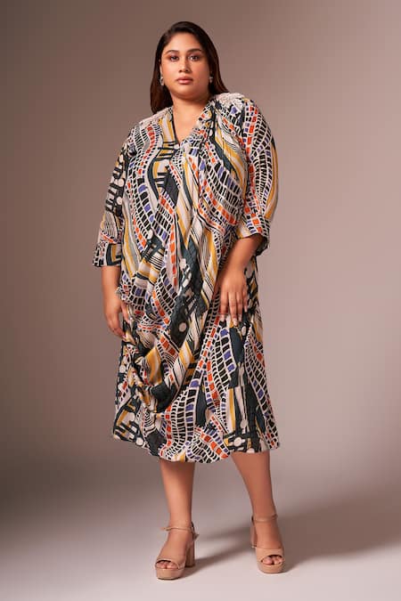 Shop_Neetiandmudita_Multi Color Crepe Silk Abstract V Neck Pattern Cowl Dress _at_Aza_Fashions