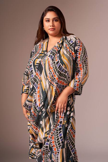 Neetiandmudita_Multi Color Crepe Silk Abstract V Neck Pattern Cowl Dress _Online_at_Aza_Fashions