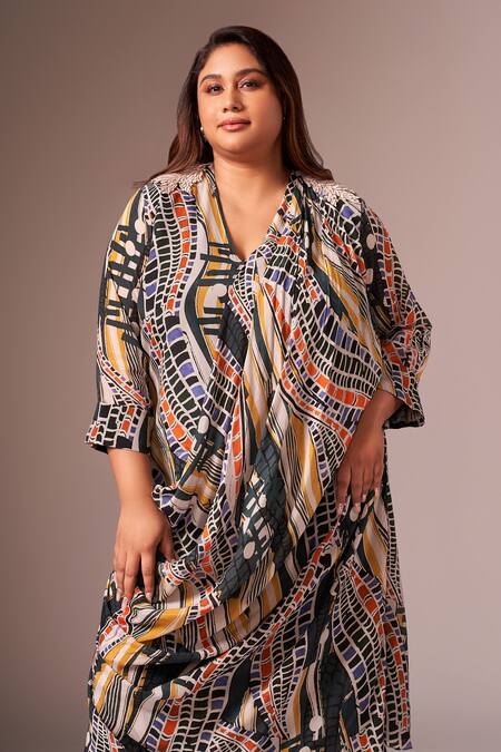 Buy_Neetiandmudita_Multi Color Crepe Silk Abstract V Neck Pattern Cowl Dress _Online_at_Aza_Fashions