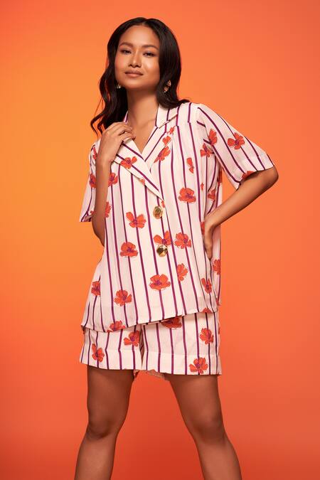 Buy_Neetiandmudita_Purple Crepe Silk Printed Floral Lapel Collar Striped Shacket With Shorts _Online_at_Aza_Fashions
