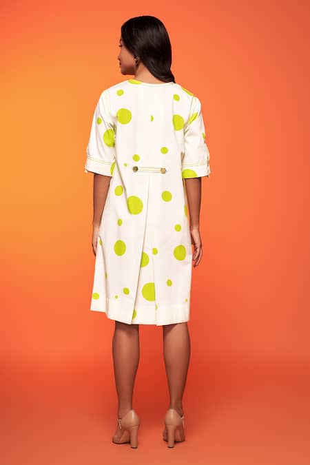 Shop Neetiandmudita Ivory Cotton Printed Polka Dot Notched Dress at Aza Fashions Shop_Neetiandmudita_Ivory Cotton Printed Polka Dot Notched Dress _at_Aza_Fashions