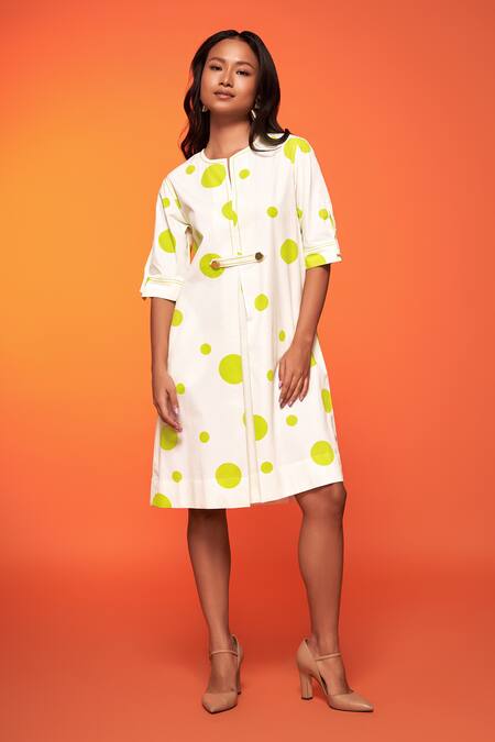 Neetiandmudita Ivory Cotton Printed Polka Dot Notched Dress Online at Aza Fashions Neetiandmudita_Ivory Cotton Printed Polka Dot Notched Dress _Online_at_Aza_Fashions