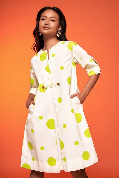 Buy Neetiandmudita Ivory Cotton Printed Polka Dot Notched Dress Online at Aza Fashions Buy_Neetiandmudita_Ivory Cotton Printed Polka Dot Notched Dress _Online_at_Aza_Fashions