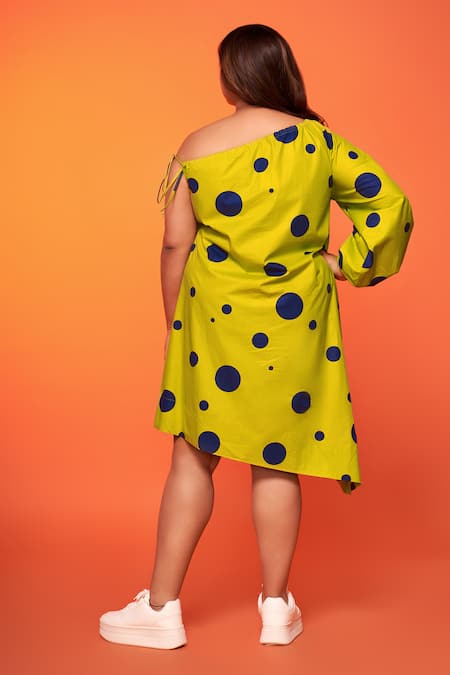 Shop_Neetiandmudita_Green Cotton Printed Polka Dot One Shoulder Asymmetric Dress _at_Aza_Fashions