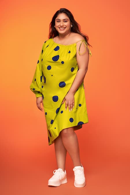 Neetiandmudita_Green Cotton Printed Polka Dot One Shoulder Asymmetric Dress _Online_at_Aza_Fashions