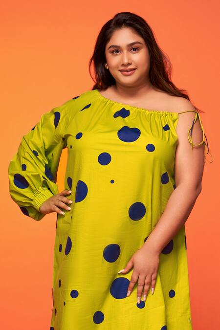 Buy_Neetiandmudita_Green Cotton Printed Polka Dot One Shoulder Asymmetric Dress _Online_at_Aza_Fashions