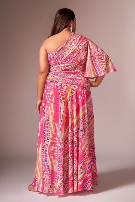 Shop_Neetiandmudita_Pink Crepe Silk Printed Abstract Wave One Shoulder Draped Dress _at_Aza_Fashions