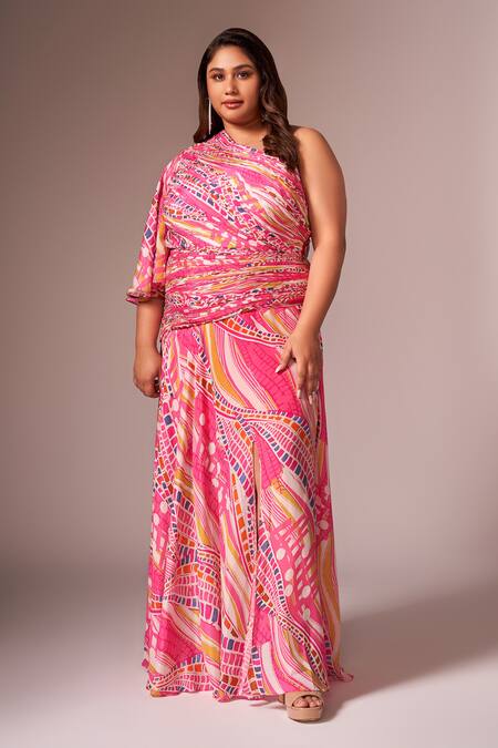 Neetiandmudita_Pink Crepe Silk Printed Abstract Wave One Shoulder Draped Dress _Online_at_Aza_Fashions