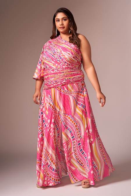Buy_Neetiandmudita_Pink Crepe Silk Printed Abstract Wave One Shoulder Draped Dress _Online_at_Aza_Fashions